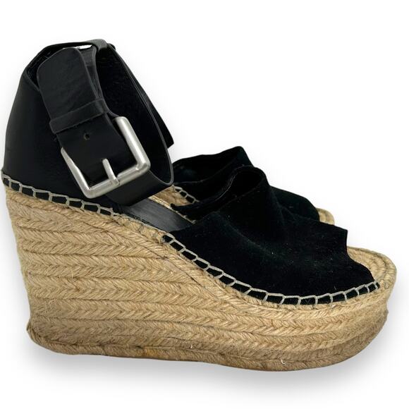 Marc Fisher Platform Espadrille Wedge SZ 7 Black Suede Leather Heels Boho Beach - Picture 1 of 6